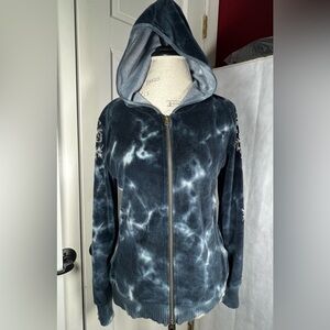 One World Blue Aqua Tone Velour Zip Hooded Sweater Tribal sleeve design Size L